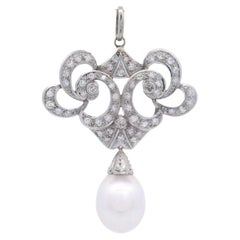 Art Deco Platinum Pendant Necklace with Diamonds & Pearl