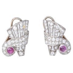Antique Art Deco Platinum Pink Cabochon Sapphire Diamonds Earings, 1920