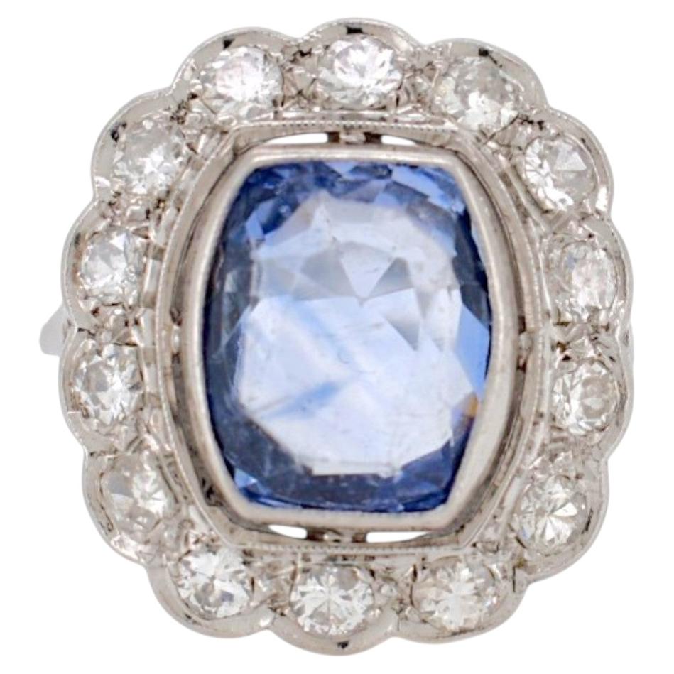 Art Deco Platinum Pompadour Ring - 4ct Unheated Ceylon Sapphire & Diamonds -