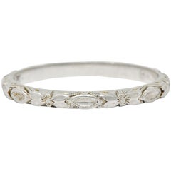 Vintage Art Deco Platinum Raised Flower Wedding Band Ring