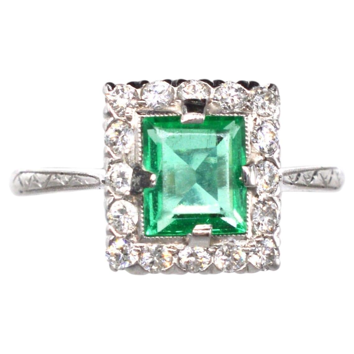 Art Deco Platinum Rectangular Emerald and Diamond Cluster Ring