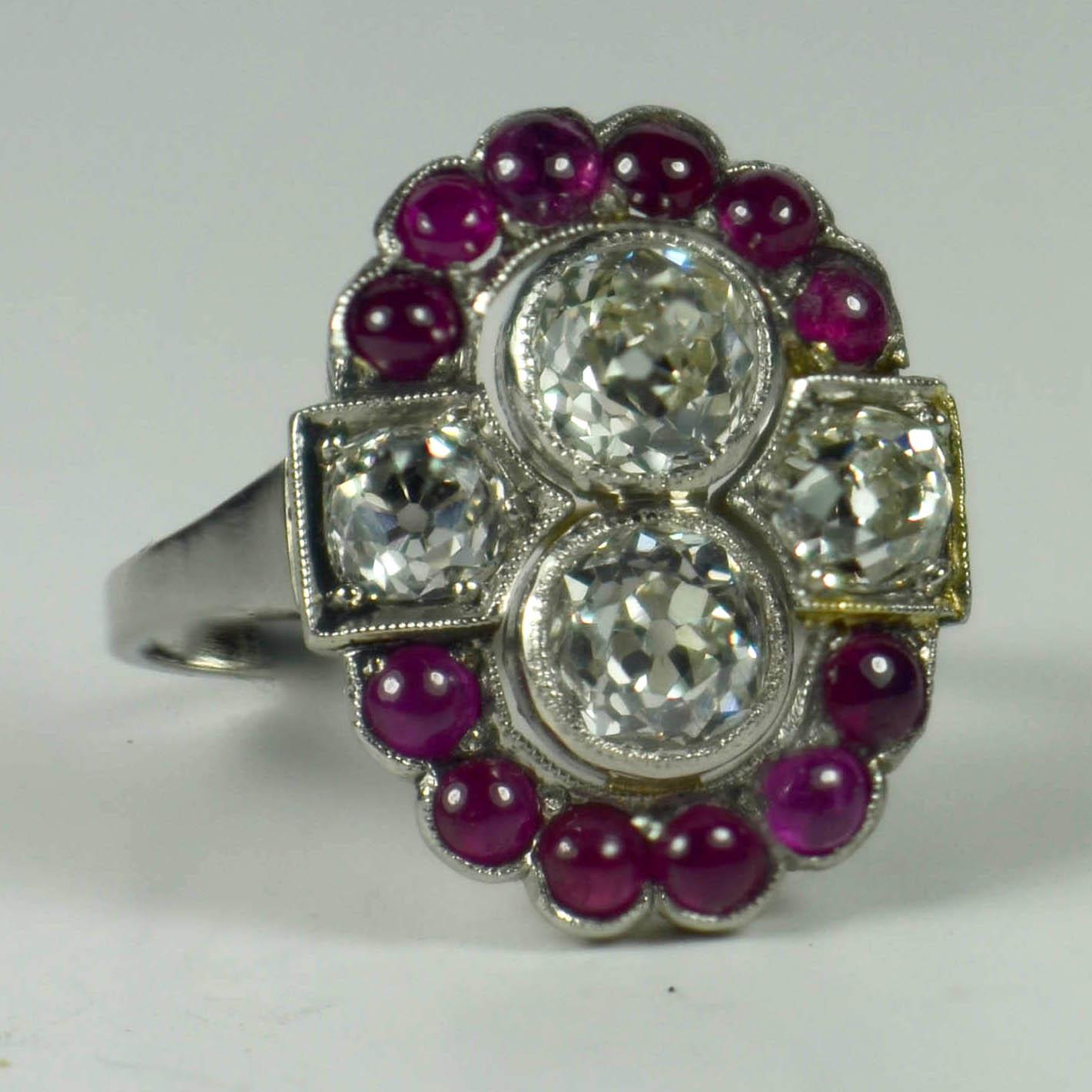 Women's Art Deco Platinum Red Ruby White Diamond Ring For Sale