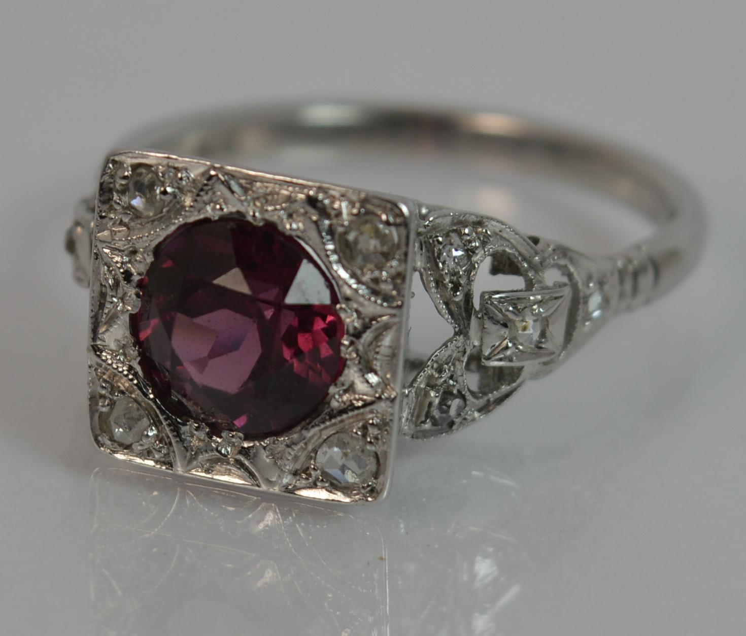 Art Deco Platinum Rhodolite Garnet and Rose Cut Diamond Statement Ring 7