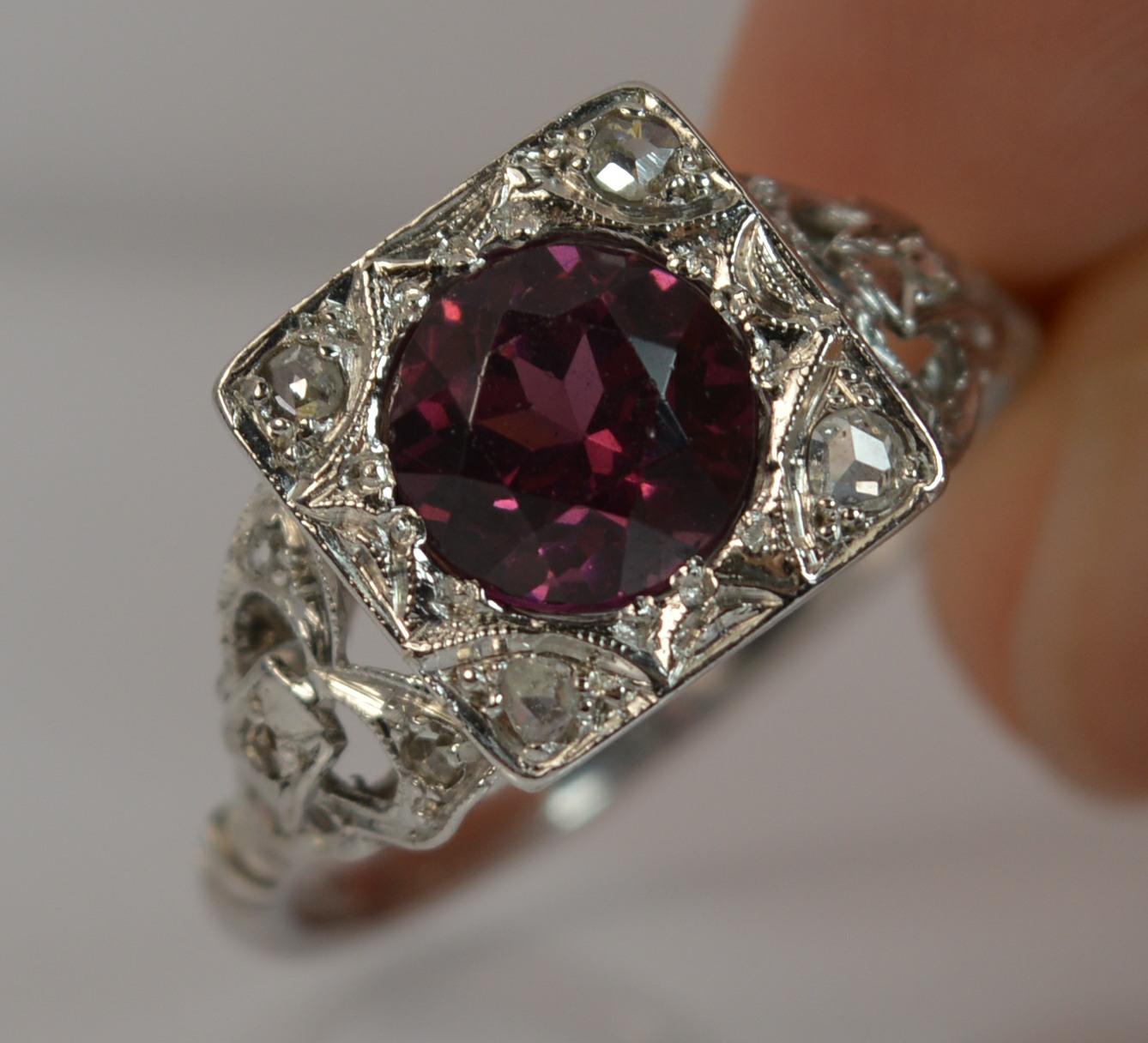 Art Deco Platinum Rhodolite Garnet and Rose Cut Diamond Statement Ring 8