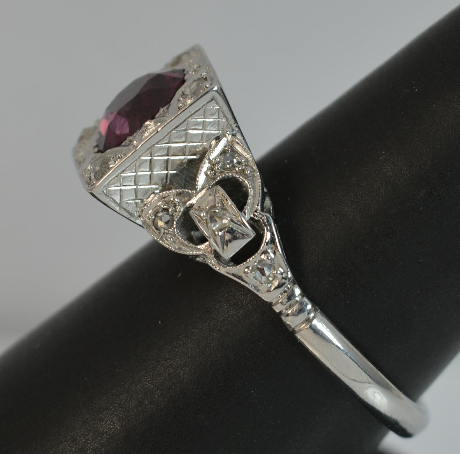 Art Deco Platinum Rhodolite Garnet and Rose Cut Diamond Statement Ring 9