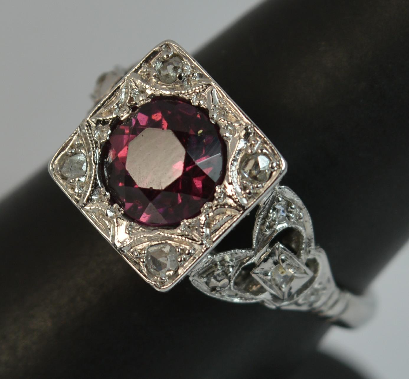 Art Deco Platinum Rhodolite Garnet and Rose Cut Diamond Statement Ring 10