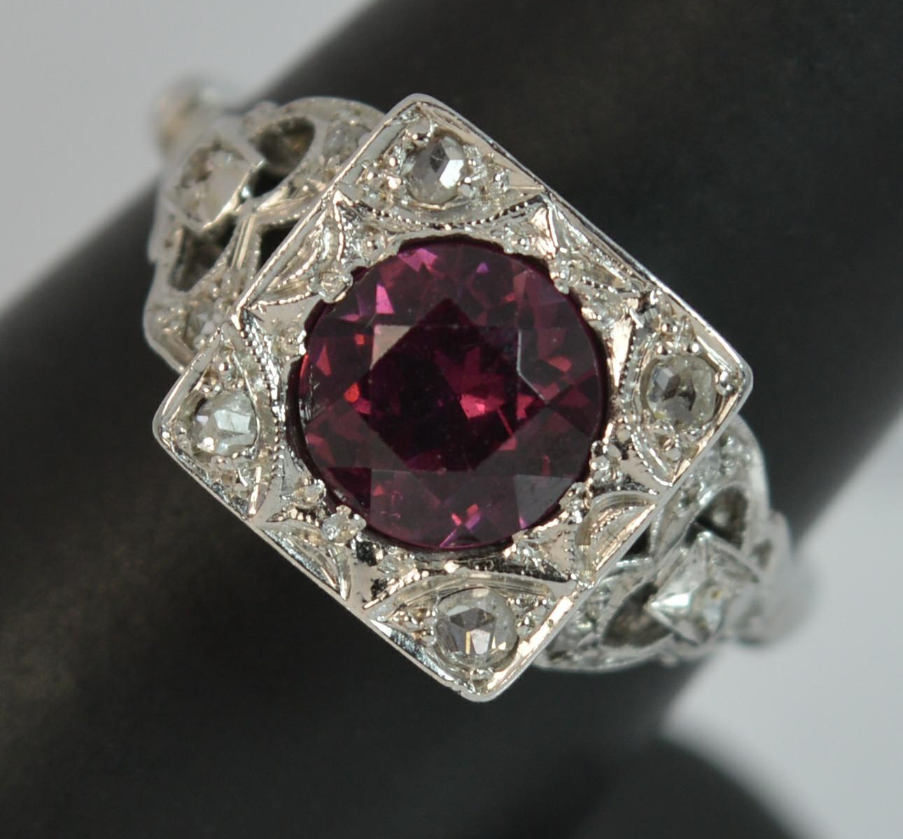 Art Deco Platinum Rhodolite Garnet and Rose Cut Diamond Statement Ring 11