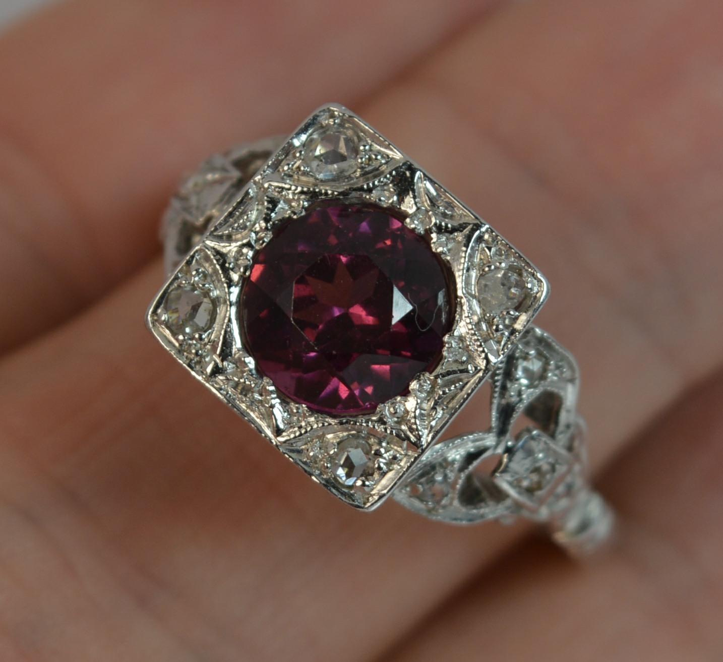 Art Deco Platinum Rhodolite Garnet and Rose Cut Diamond Statement Ring In Excellent Condition In St Helens, GB