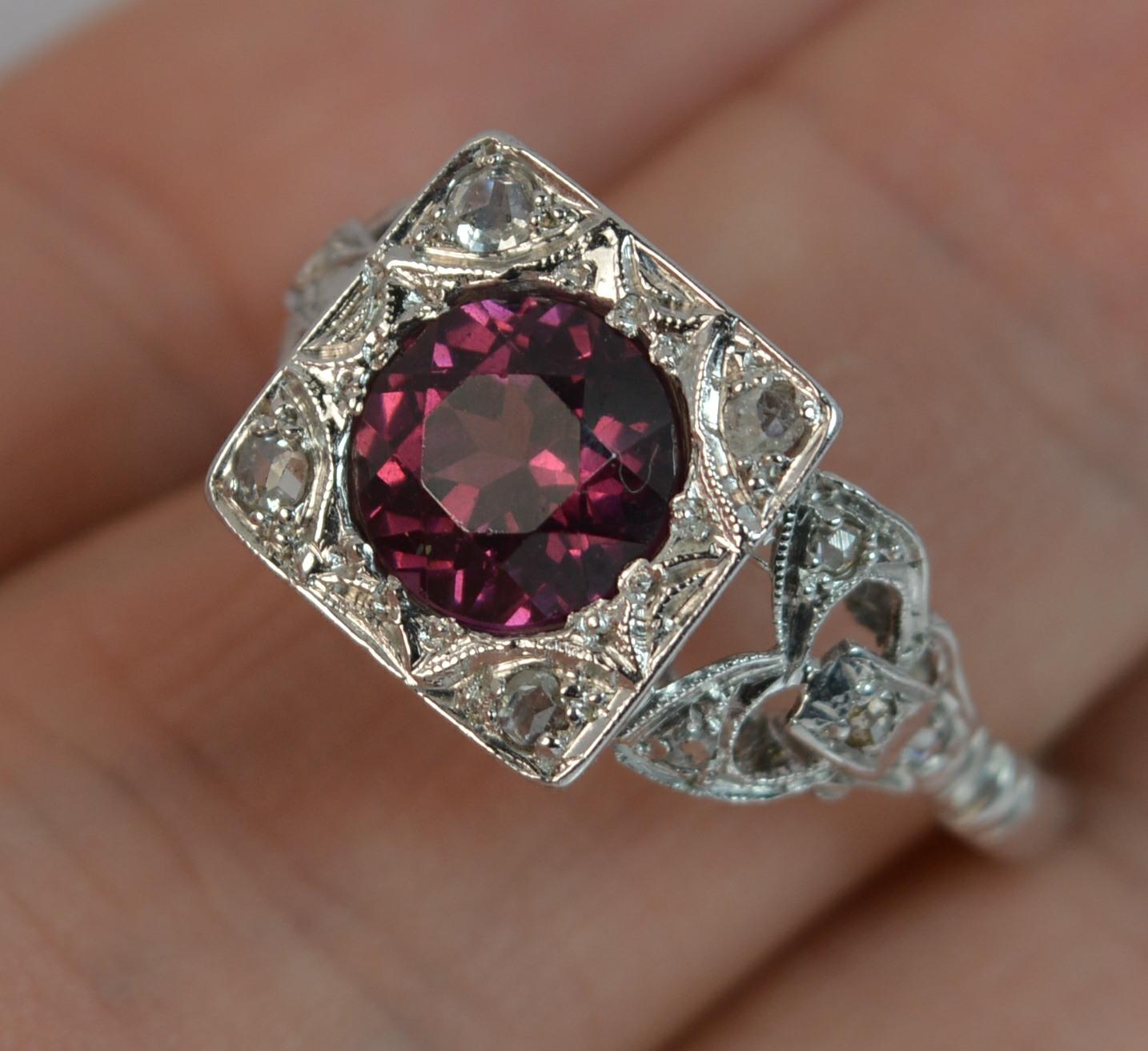 Women's Art Deco Platinum Rhodolite Garnet and Rose Cut Diamond Statement Ring