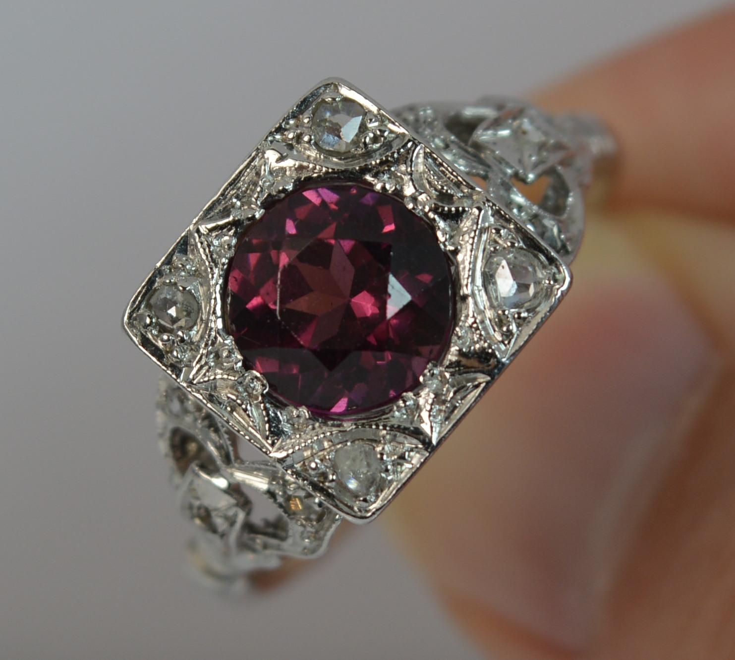 Art Deco Platinum Rhodolite Garnet and Rose Cut Diamond Statement Ring 2