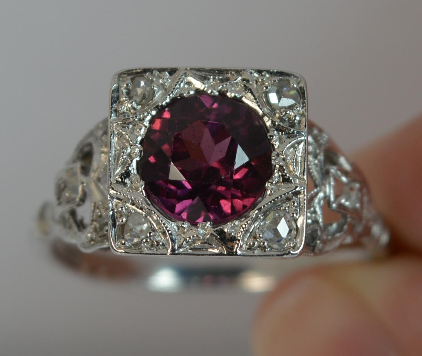 Art Deco Platinum Rhodolite Garnet and Rose Cut Diamond Statement Ring 3