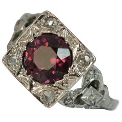 Art Deco Platinum Rhodolite Garnet and Rose Cut Diamond Statement Ring