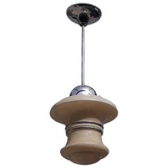 Art Deco Platinum Ribbed Cream Glass Ceiling Pendant, Hungary, 1930s