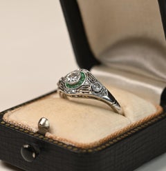 Art Deco Platinum Ring. 0.20ct Old Euro Diamond Emerald Halo Ring Filigree I VS2
