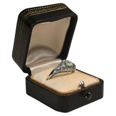 Art Deco Platinum Ring. 0.20ct Old Euro Diamond Emerald Halo Ring Filigree I VS2