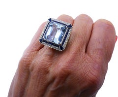 Art Deco Platinum Ring Aquamarine Sapphire Diamond Antique Estate Jewelry