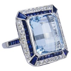 Art Deco Platinum Ring Aquamarine Sapphire Diamond Antique Estate Jewelry