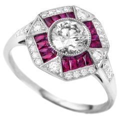 Art Deco Style Platinum Ring, Round Diamond GIA Cert, Diamonds, Rubis Baguettes