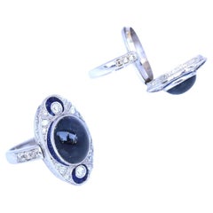 Art Deco Platinum Ring Secret Compartment Sapphire Enamel Diamonds, 1920