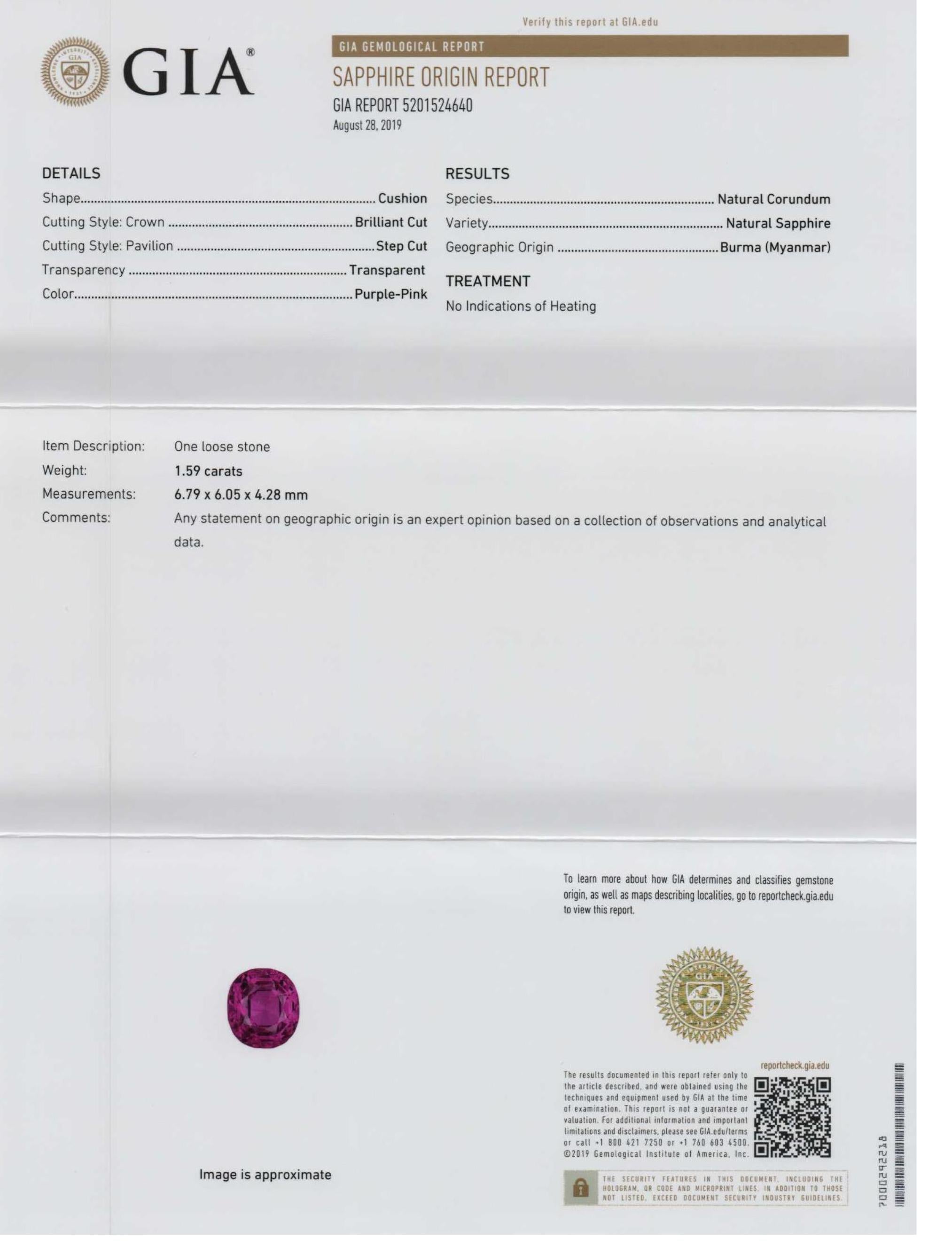 Art Deco Platinum Ring Set with 1.59 Carat No Heat Pink Burma Sapphire GIA 6
