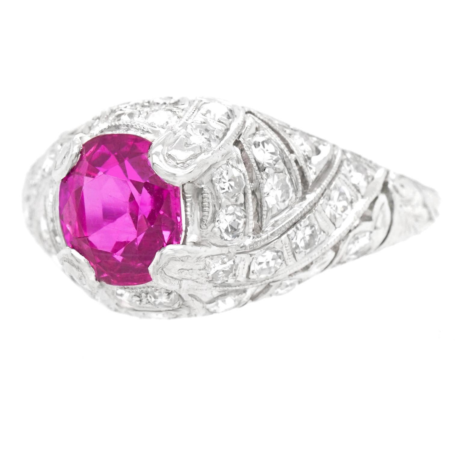 Brilliant Cut Art Deco Platinum Ring Set with 1.59 Carat No Heat Pink Burma Sapphire GIA