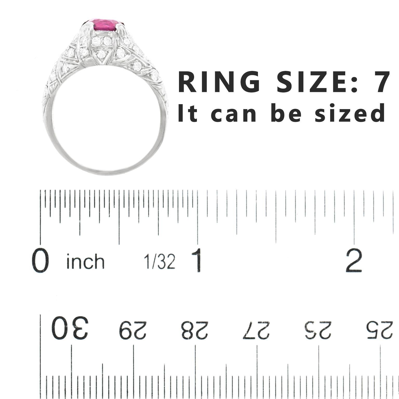 Art Deco Platinum Ring Set with 1.59 Carat No Heat Pink Burma Sapphire GIA 1