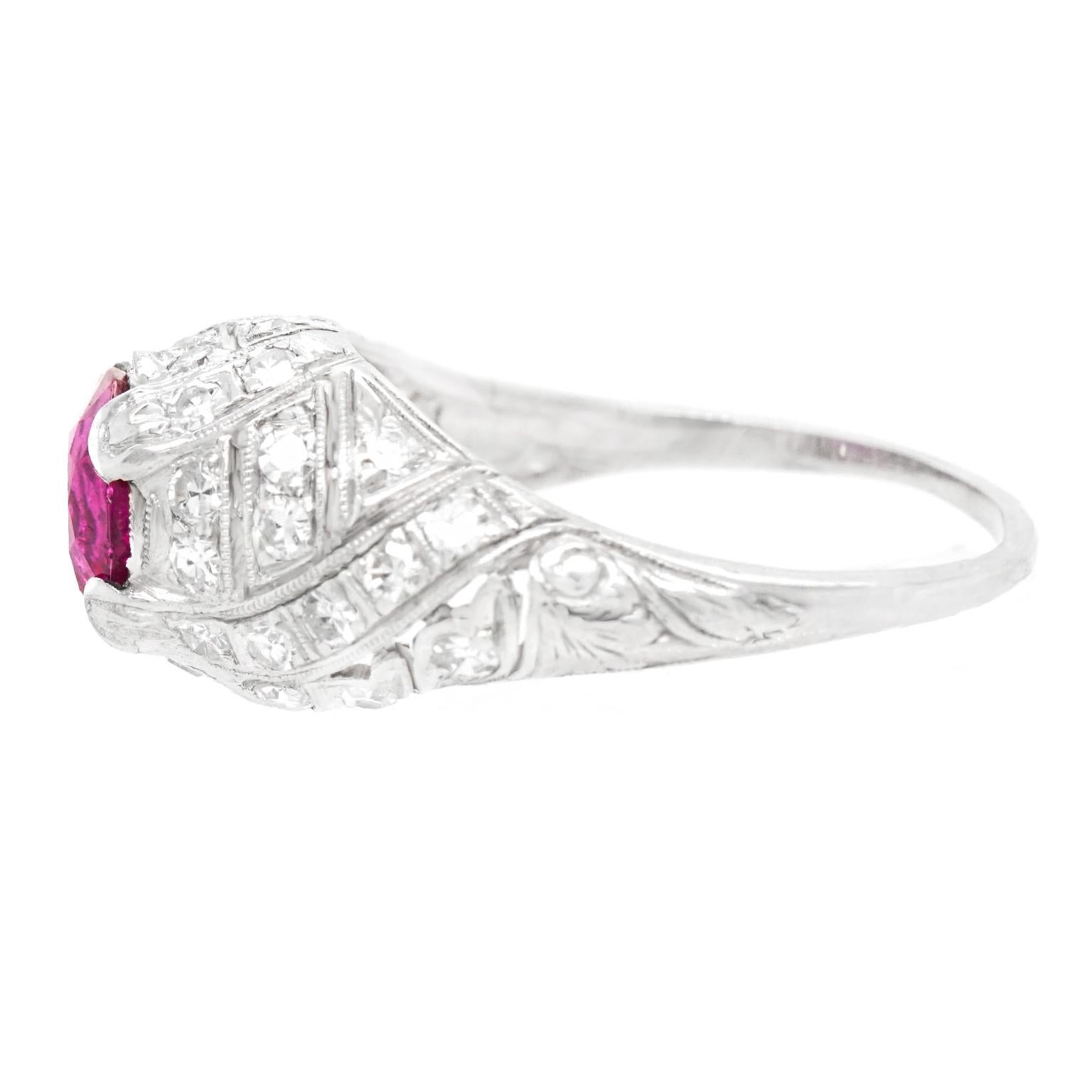 Art Deco Platinum Ring Set with 1.59 Carat No Heat Pink Burma Sapphire GIA 2