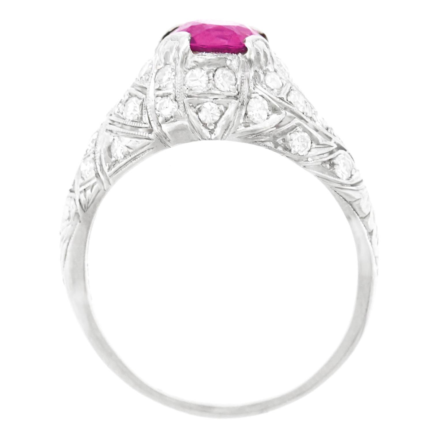 Art Deco Platinum Ring Set with 1.59 Carat No Heat Pink Burma Sapphire GIA 4