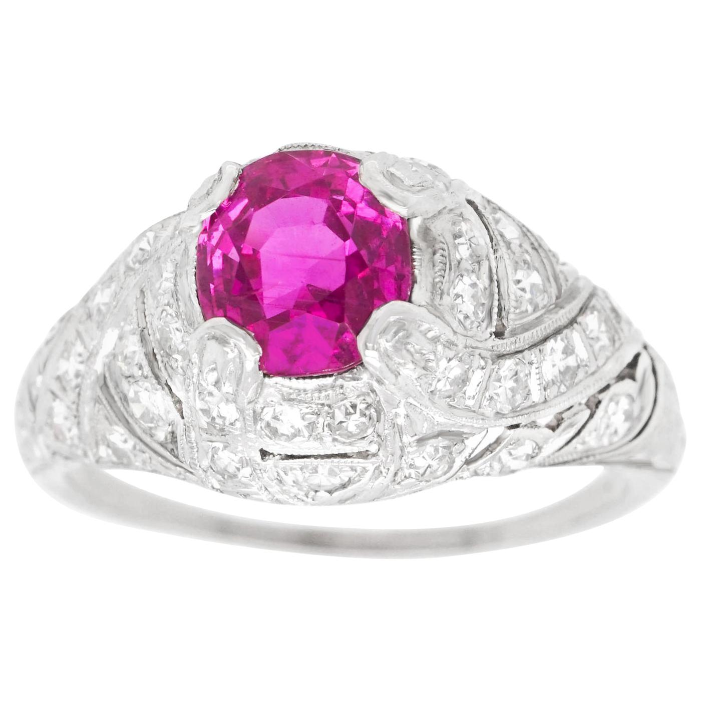 Art Deco Platinum Ring Set with 1.59 Carat No Heat Pink Burma Sapphire GIA