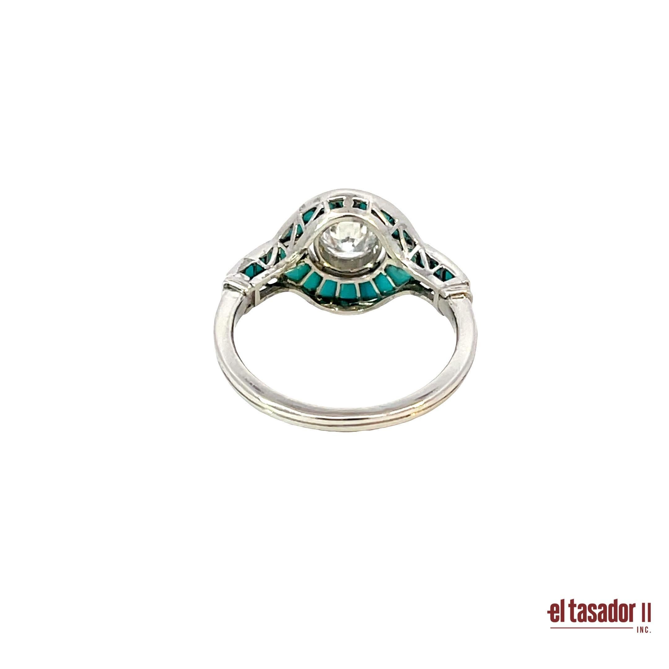 Art Déco Anello Art Deco in platino con diamante da 0,51 carati e accenti di turchese in vendita