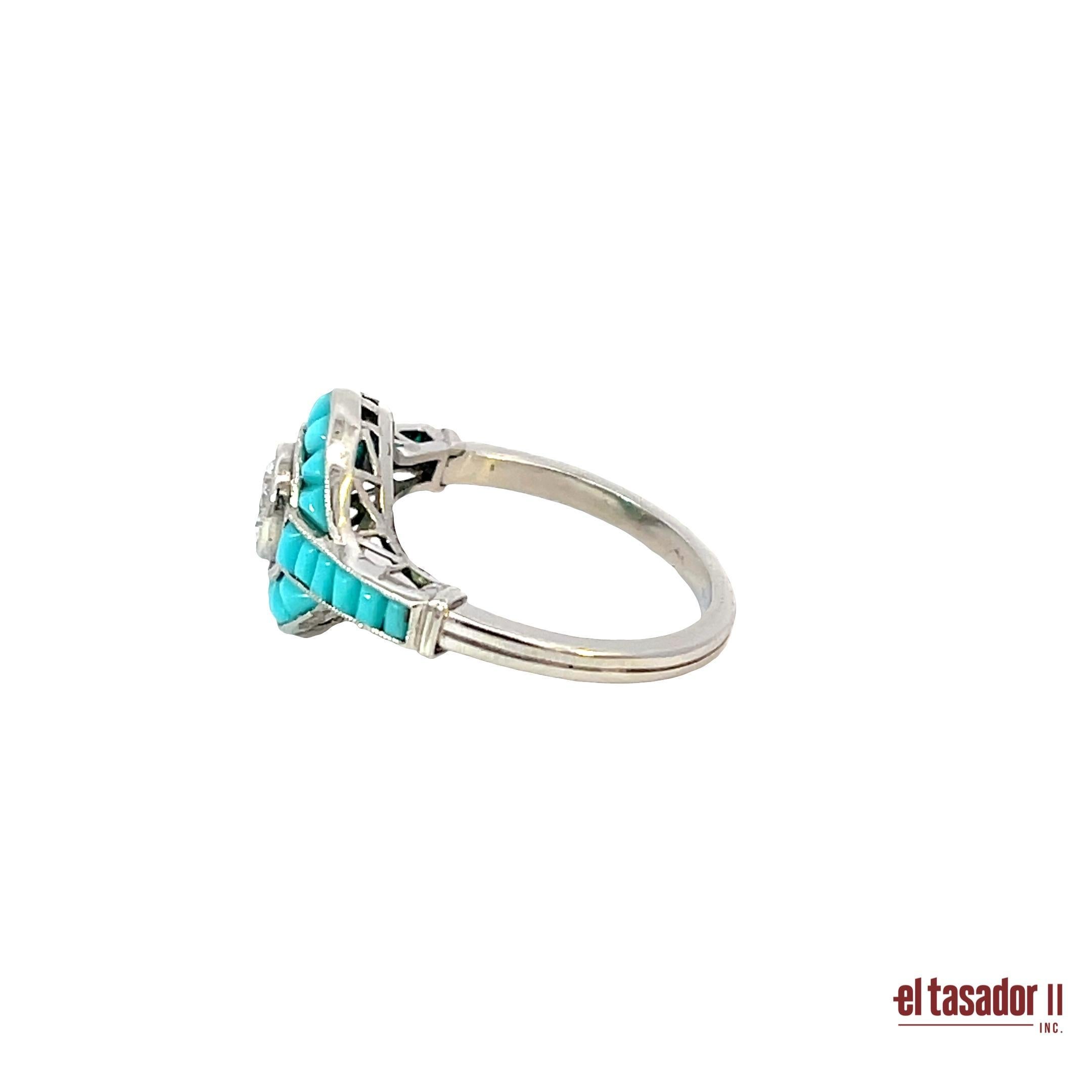Taglio brillante Anello Art Deco in platino con diamante da 0,51 carati e accenti di turchese in vendita