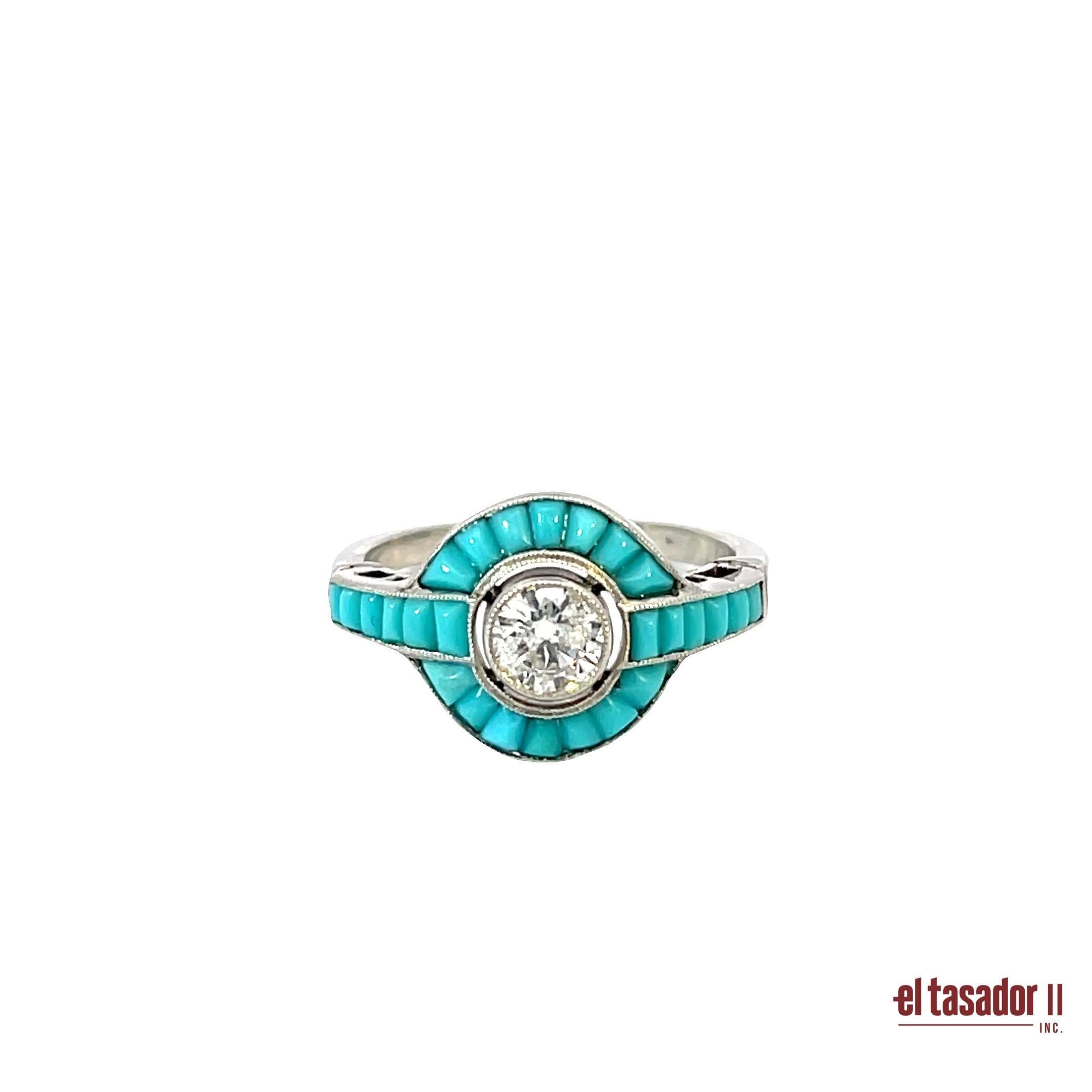 Anello Art Deco in platino con diamante da 0,51 carati e accenti di turchese In condizioni Nuovo in vendita a Aventura, FL