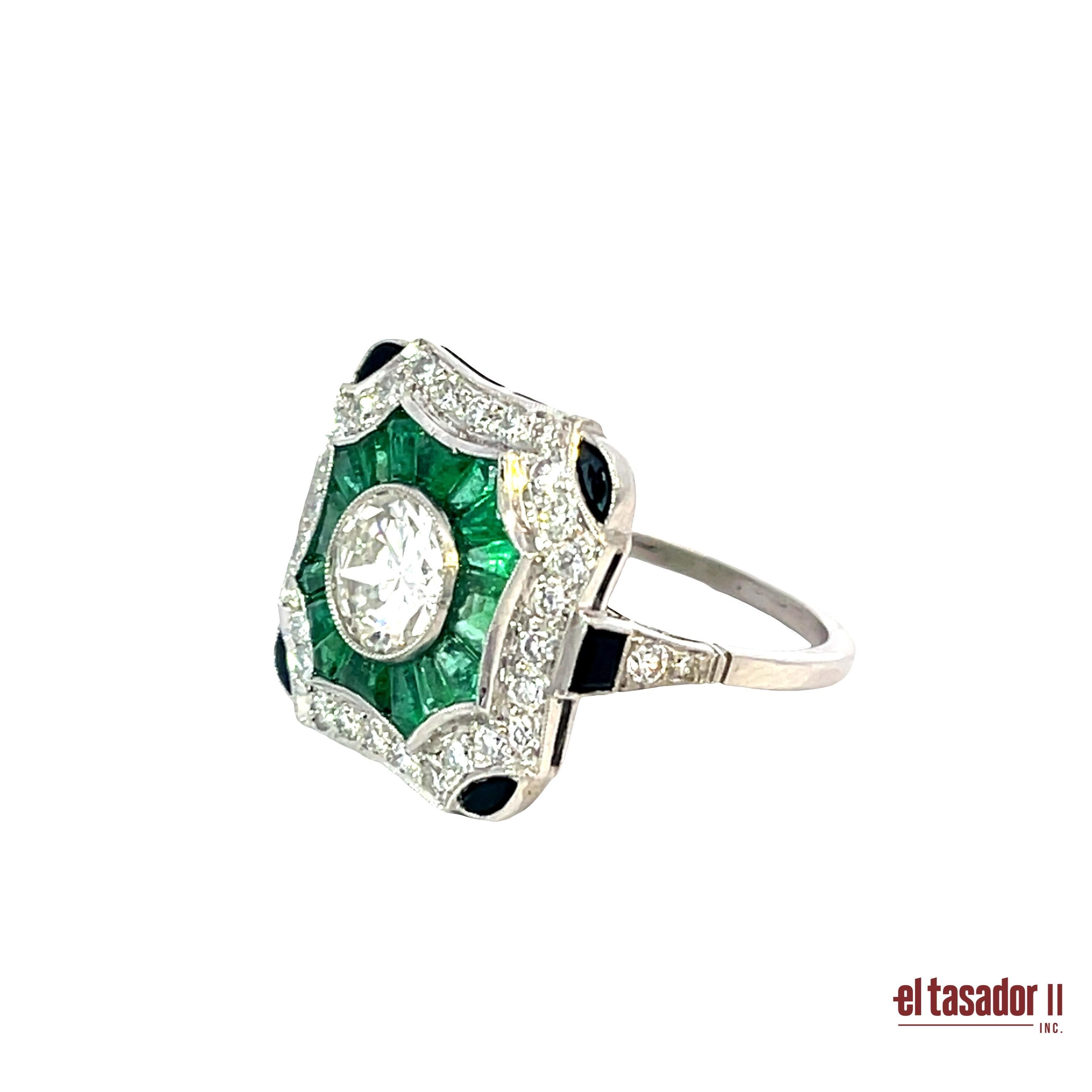 De las mujeres Anillo Art Déco de platino con diamantes de 1,08 ct + 0,68 ct y esmeraldas de 3,50 ct en venta
