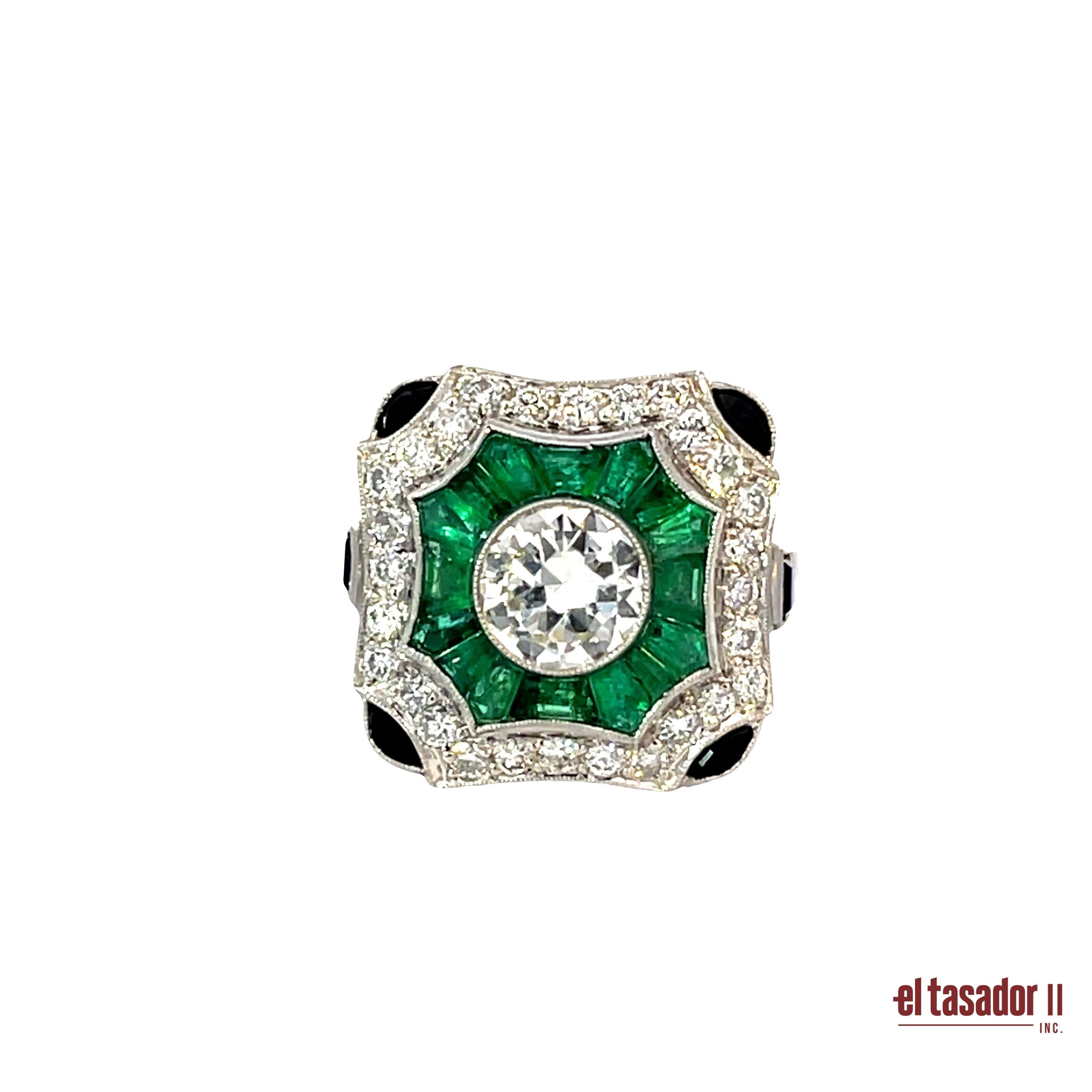 Anillo Art Déco de platino con diamantes de 1,08 ct + 0,68 ct y esmeraldas de 3,50 ct en venta 1