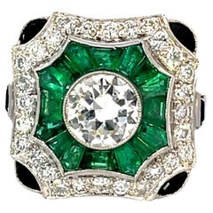 Art Deco Platinum Ring with 1.08ct + 0.68ct Diamonds and 3.50ct Emeralds