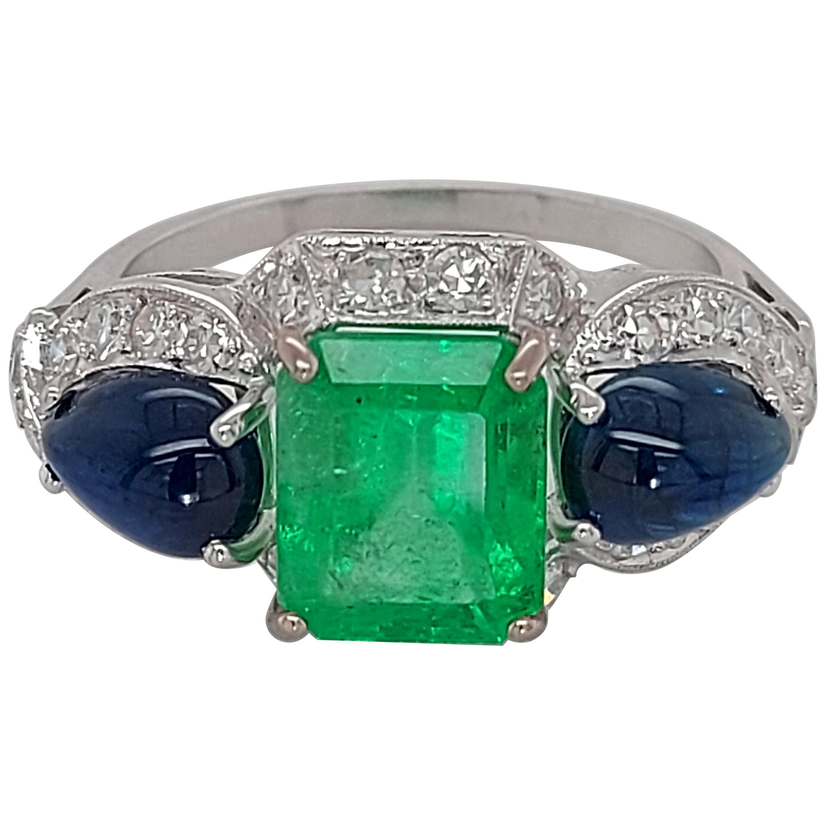 Art Deco Platinum Ring with 2.60ct Colombian Emerald, 2.5ct Sapphire, Diamonds For Sale