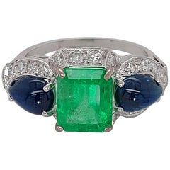 Art Deco Platinum Ring with 2.60ct Colombian Emerald, 2.5ct Sapphire, Diamonds