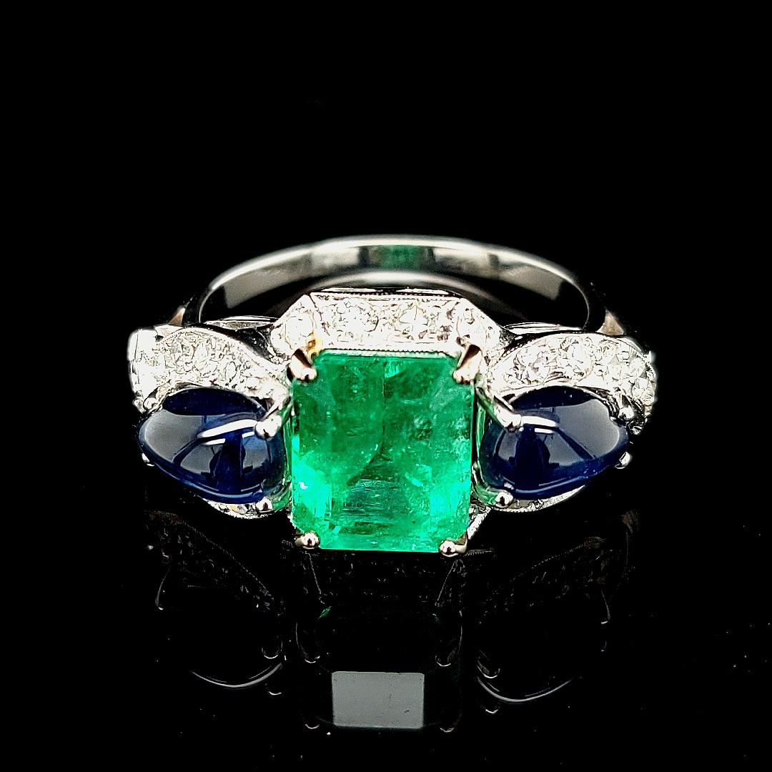 Art Deco Platinum Ring with 2.60ct Colombian Emerald, 2.5ct Sapphire, Diamonds For Sale 4