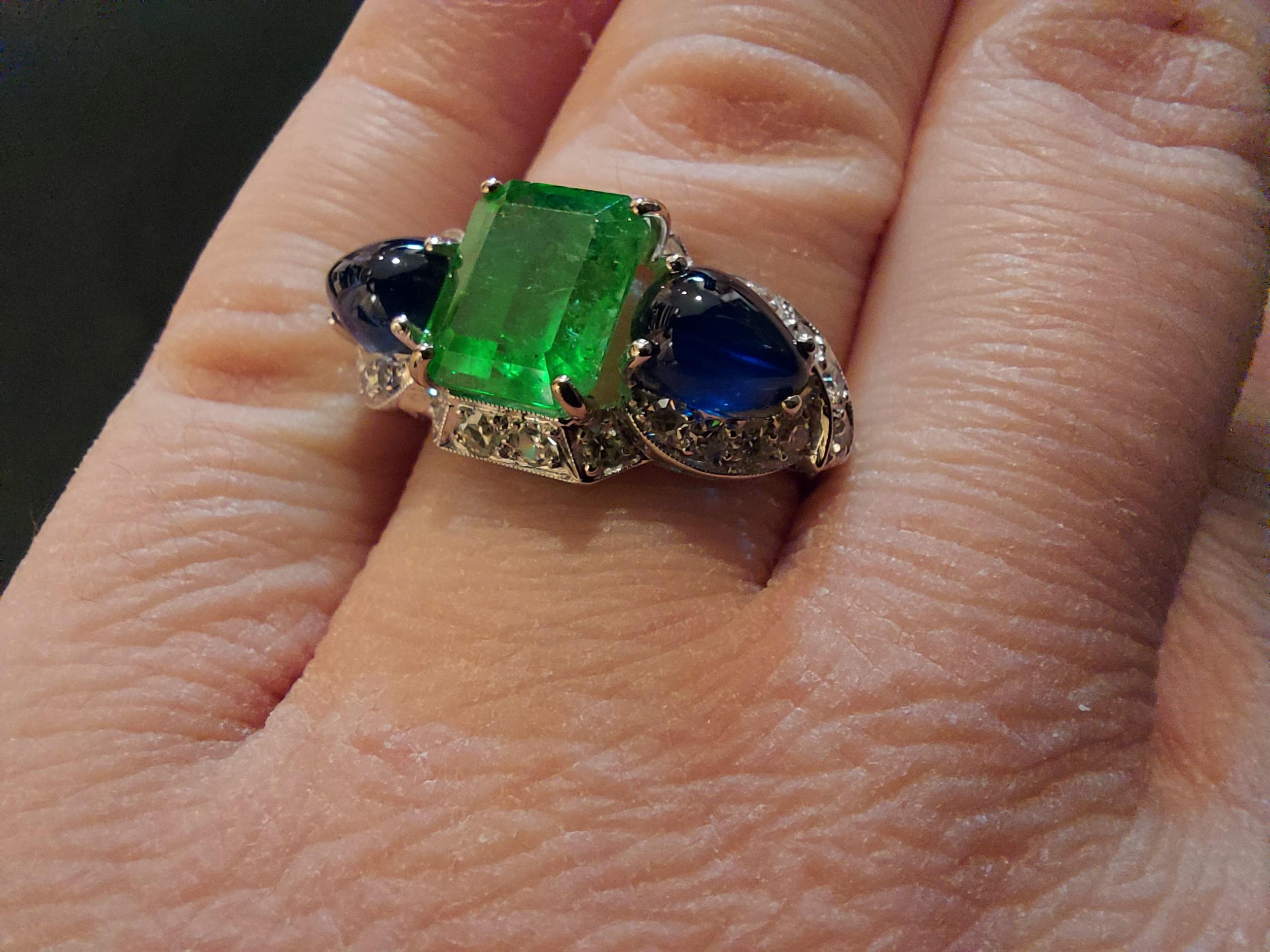 Art Deco Platinum Ring with 2.60ct Colombian Emerald, 2.5ct Sapphire, Diamonds For Sale 11
