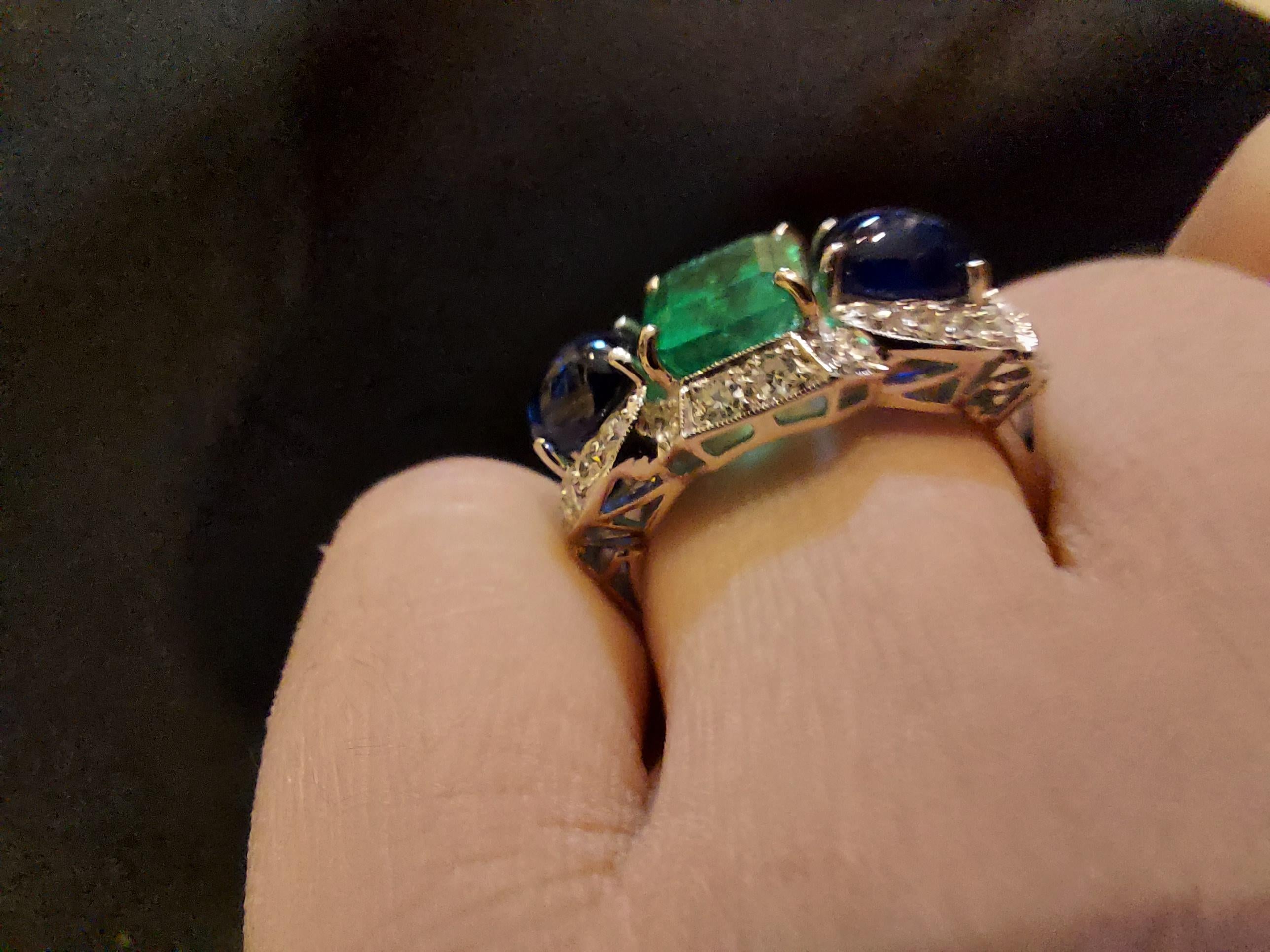 Art Deco Platinum Ring with 2.60ct Colombian Emerald, 2.5ct Sapphire, Diamonds For Sale 12