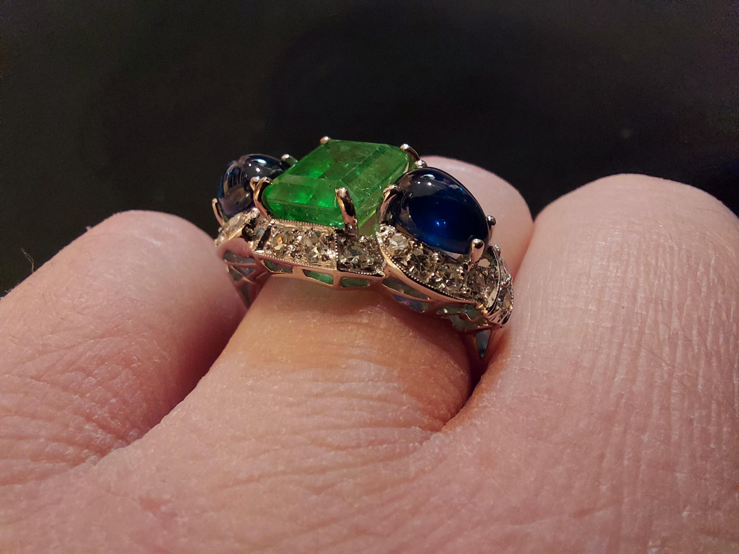 Art Deco Platinum Ring with 2.60ct Colombian Emerald, 2.5ct Sapphire, Diamonds For Sale 13