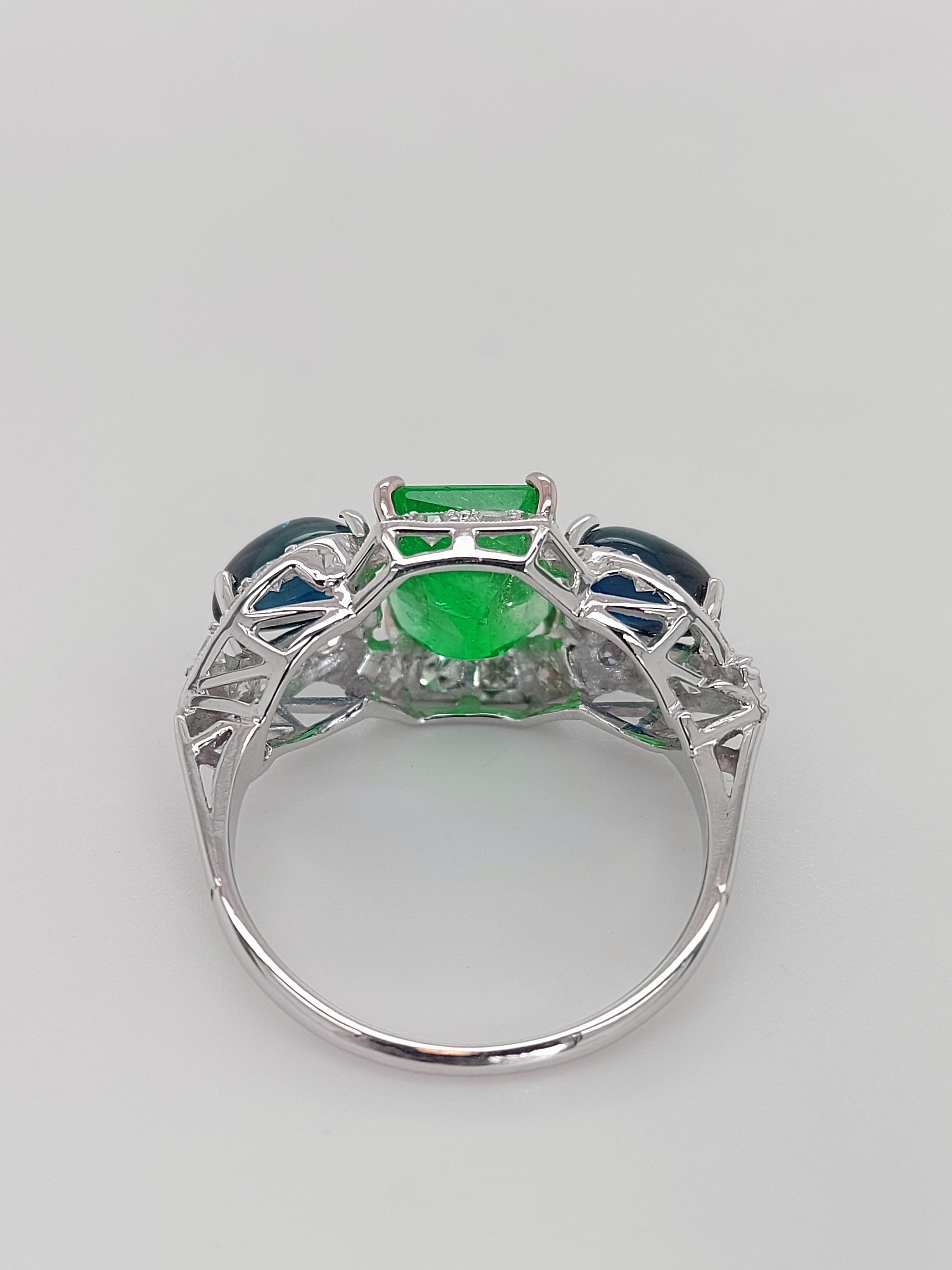 Art Deco Platinum Ring with 2.60ct Colombian Emerald, 2.5ct Sapphire, Diamonds For Sale 2