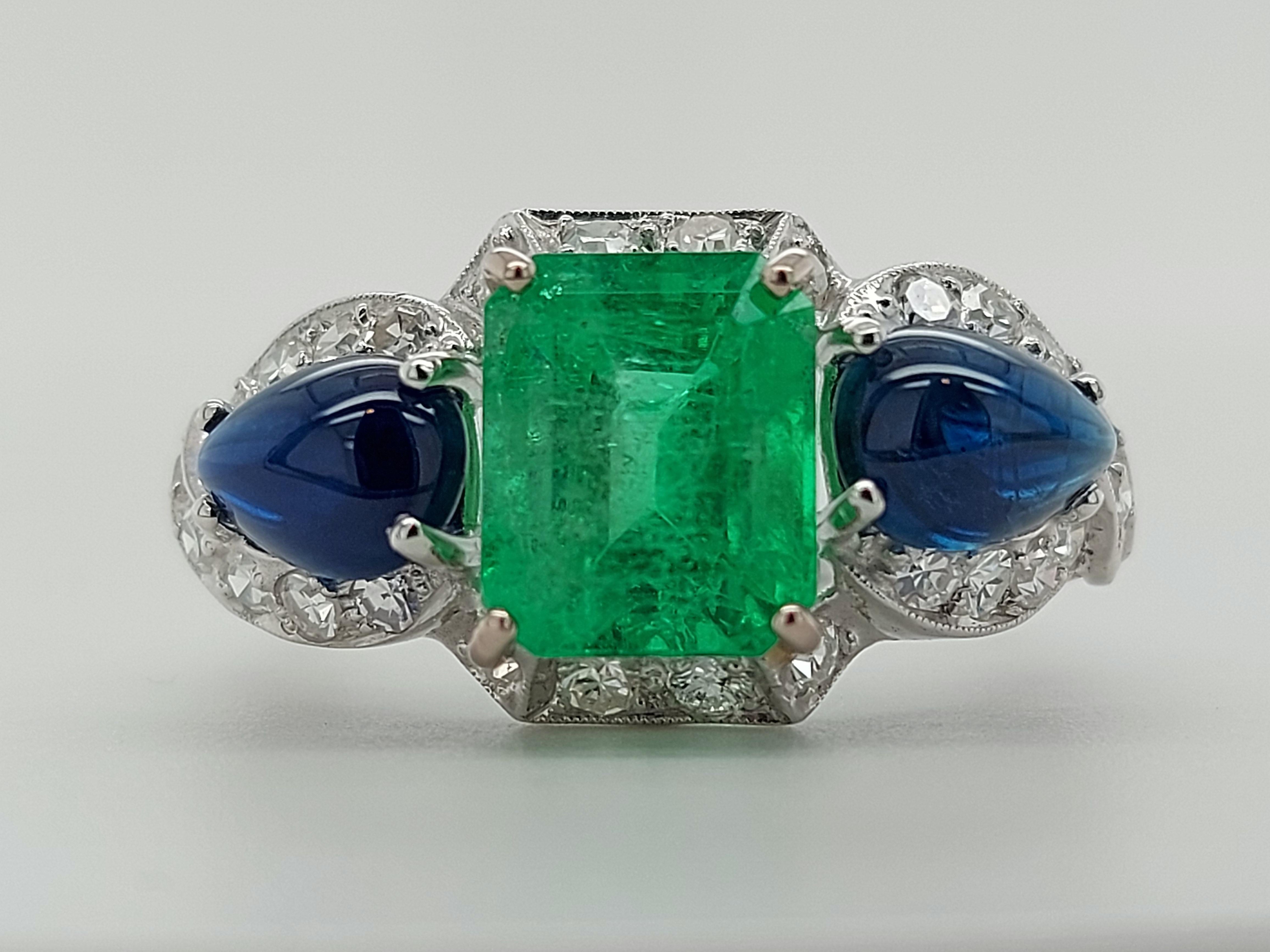 Art Deco Platinum Ring with 2.60ct Colombian Emerald, 2.5ct Sapphire, Diamonds For Sale 3