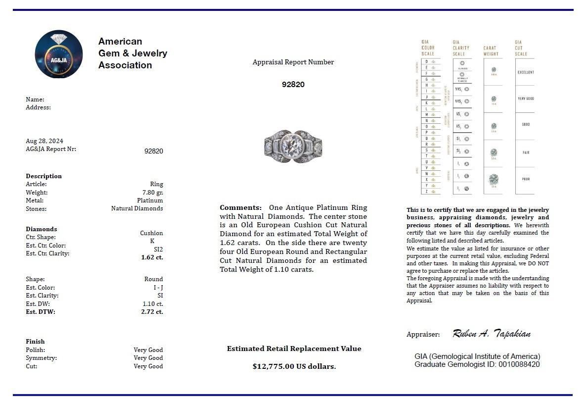 Art Deco Platinum Ring with 2.76 CTW in Diamonds For Sale 4
