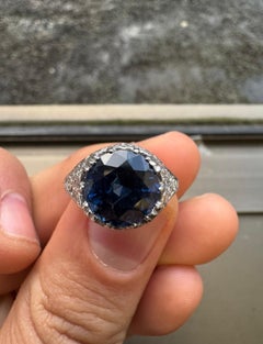Art Deco Platinum Ring with 5.25-Carat Sapphire and Diamond Accents