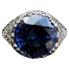 Art Deco Platinum Ring with 5.25-Carat Sapphire and Diamond Accents
