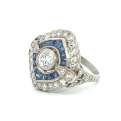 Art Deco Platinring mit Diamant & Saphir