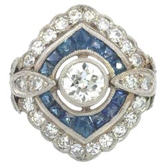 Art Deco Platinring mit Diamant & Saphir