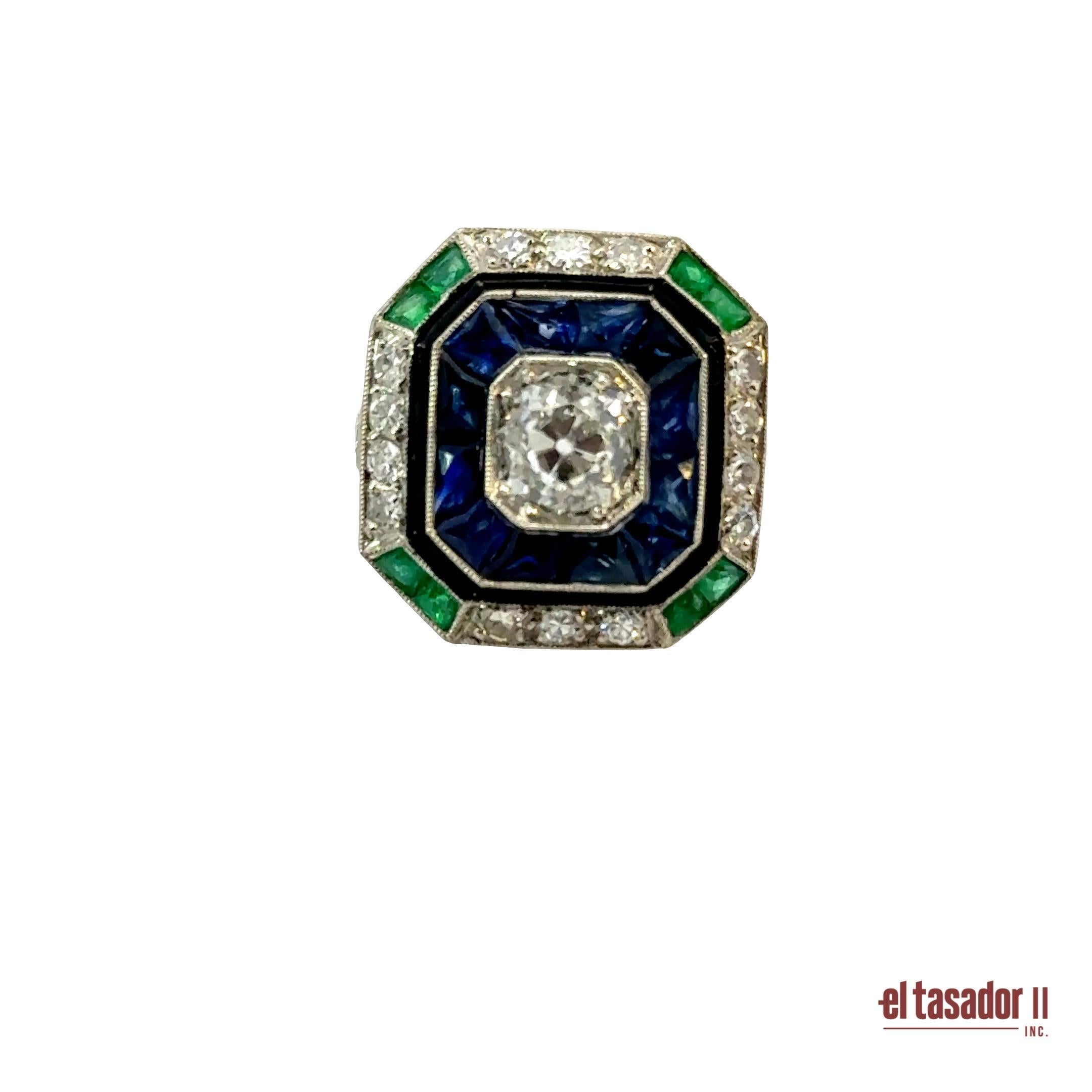 Art Deco Platinring mit Diamant, Saphiren, Smaragden und schwarzer Emaille Damen im Angebot