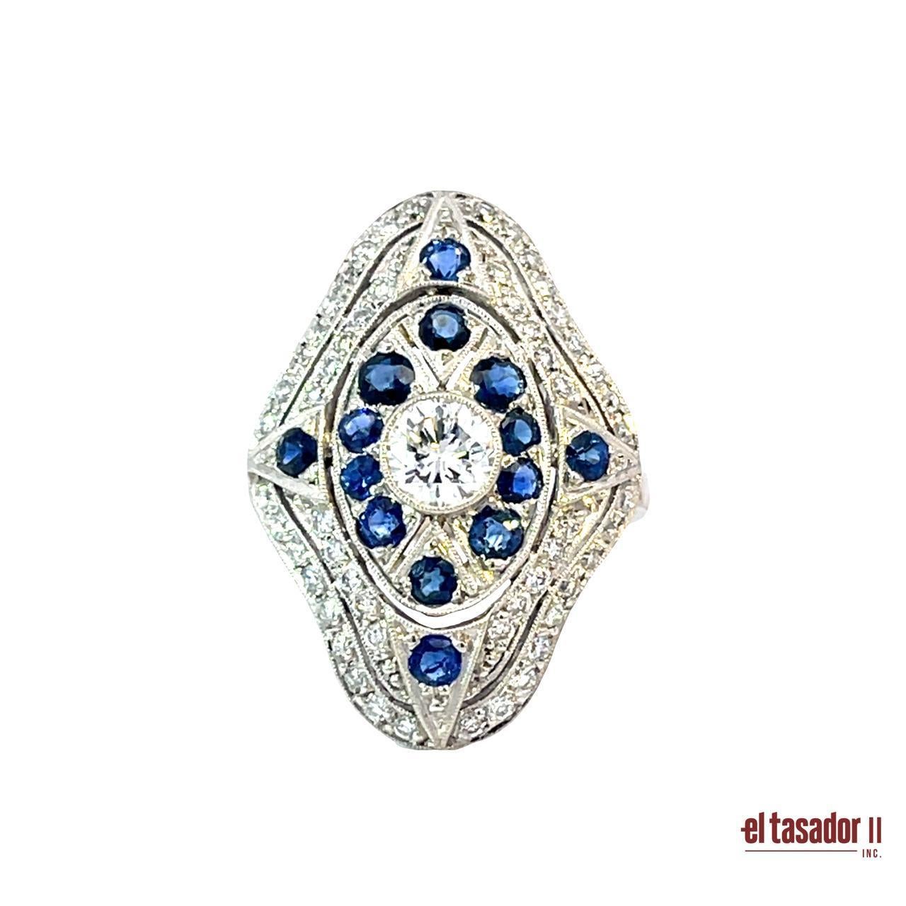 Bague Art déco en platine avec diamants et saphirs